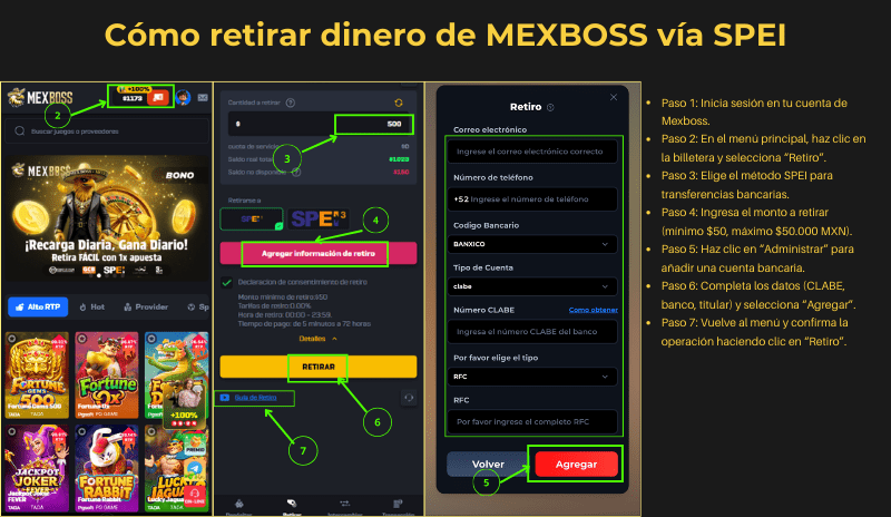 Cómo retirar y depositar dinero en Mexboss: Guía detallada 2025 2 Cómo retirar dinero de Mexboss vía SPEI